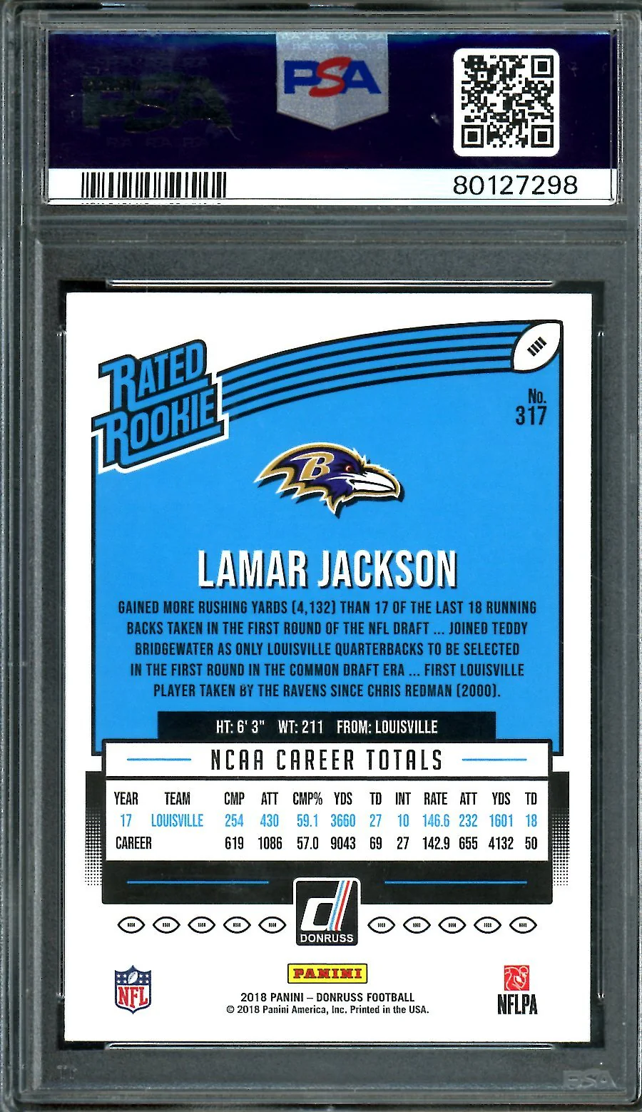 2018 Panini Donruss Lamar Jackson Rookie PSA 10 Ravens - Image 2