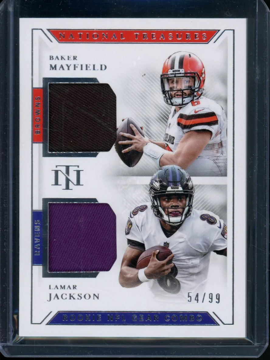 2018 Panini National Treasures Baker Mayfield/Lamar Jackson Rookie Combo Dual Patch /99