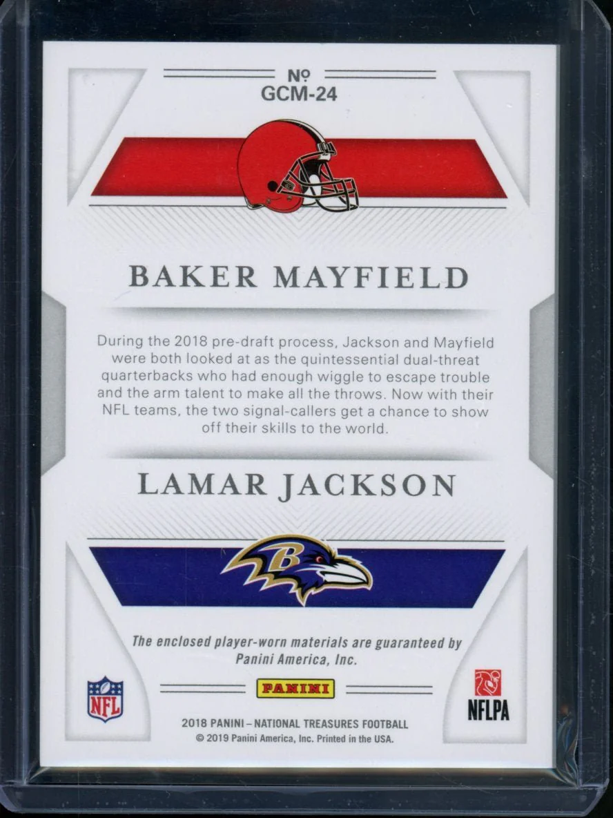 2018 Panini National Treasures Baker Mayfield/Lamar Jackson Rookie Combo Dual Patch /99 - Image 2