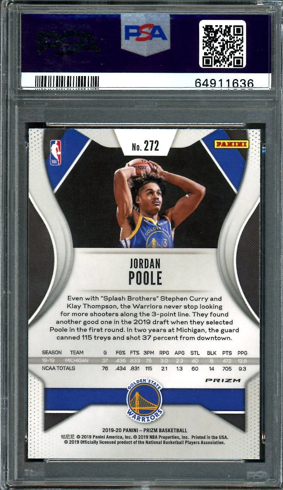 2019-20 Panini Prizm Jordan Poole Rookie Silver PSA 10 Wizards - Image 2