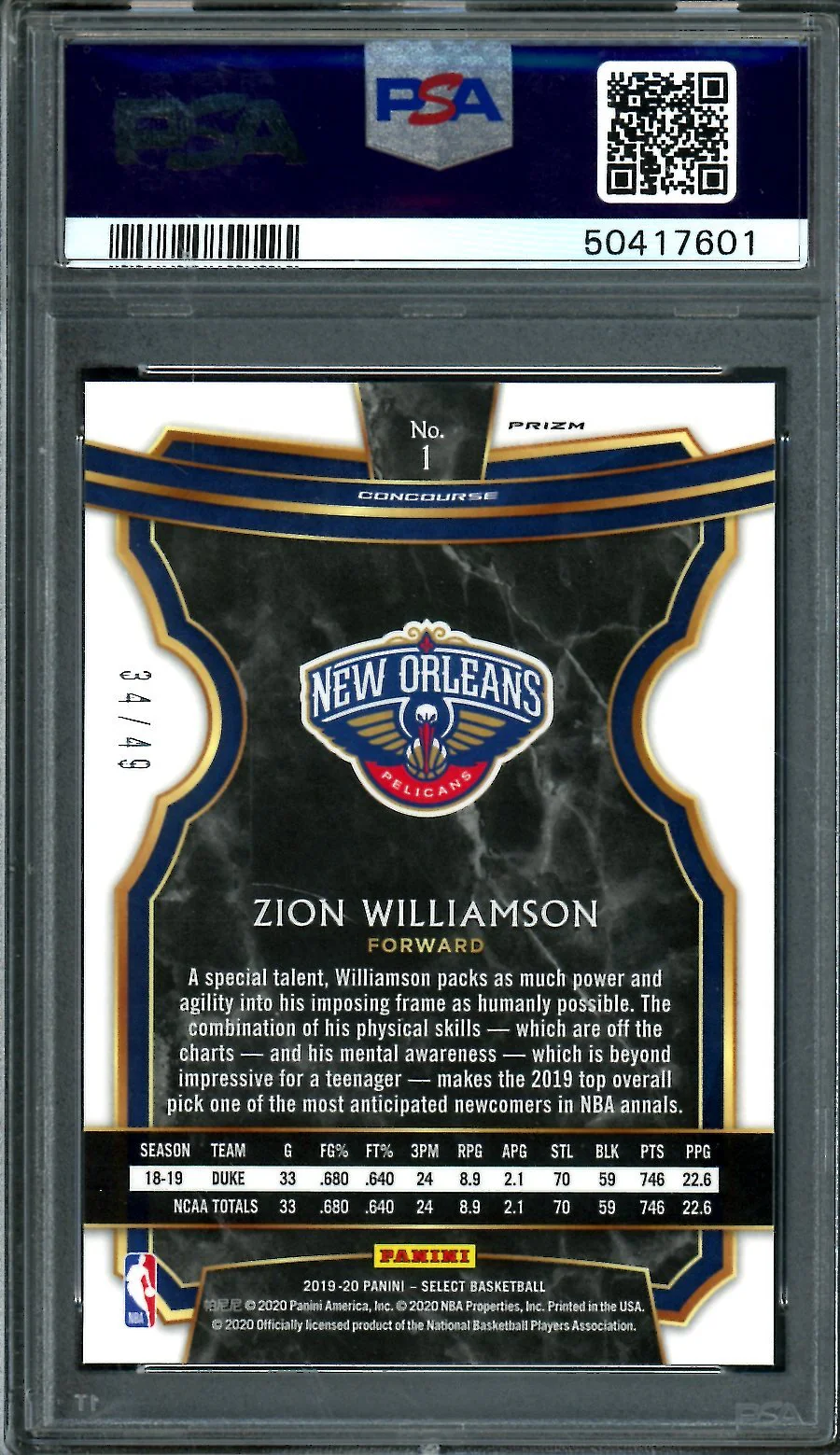 2019-20 Panini Select Zion Williamson Rookie Red Disco /49 PSA 10 Pelicans - Image 2