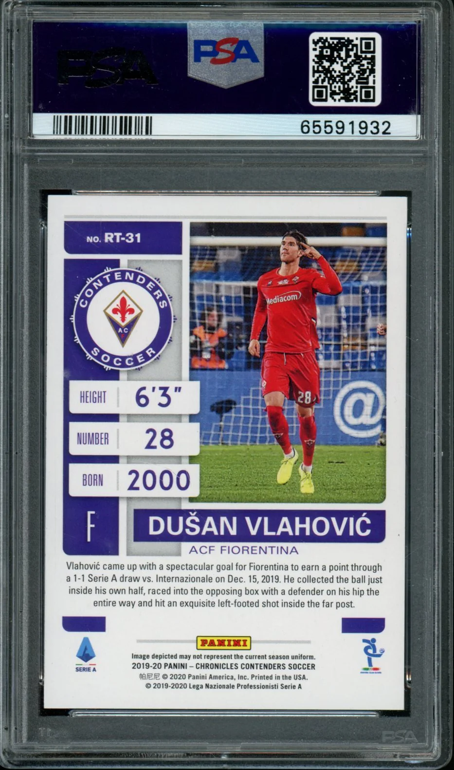2019 Panini Chronicles Dusan Vlahovic Contenders Rookie Ticket PSA 10 ACF Fiorentina - Image 2
