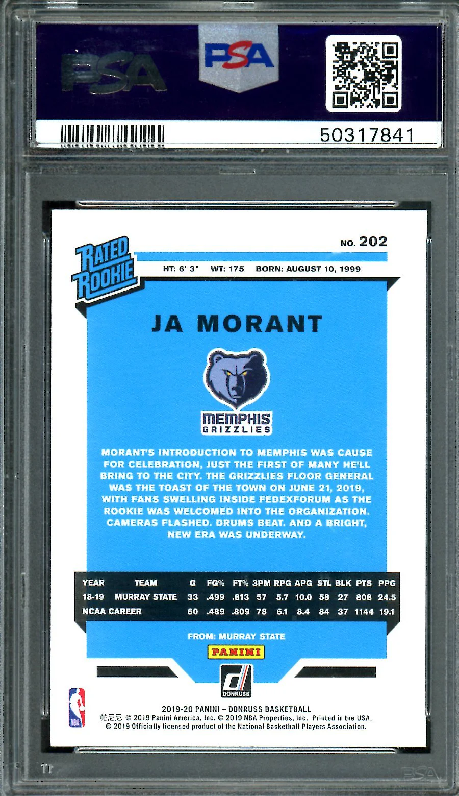 2019/20 Panini Donruss Ja Morant Rookie Green Flood PSA 9 Grizzlies - Image 2