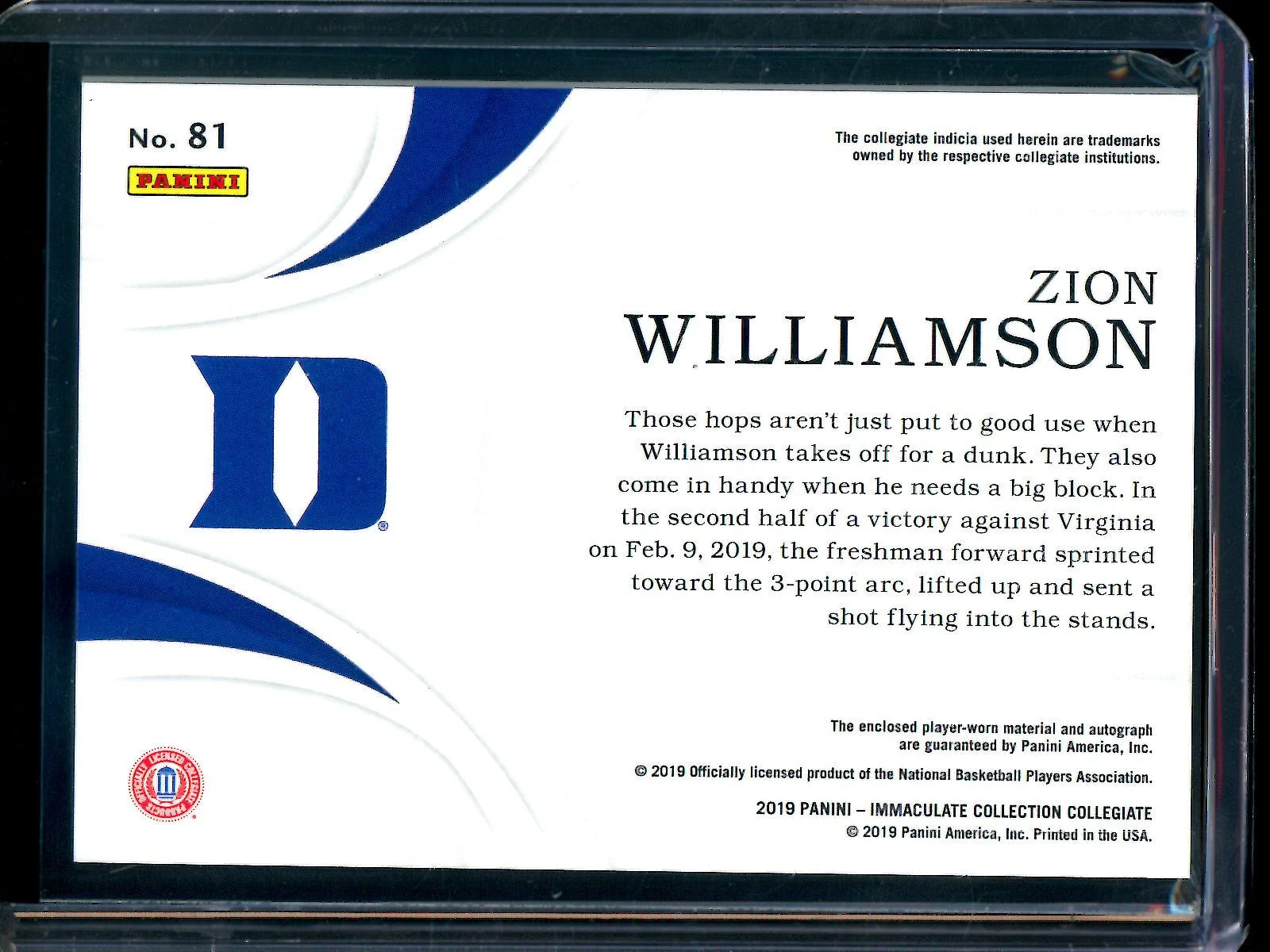 2019 Panini Immaculate Zion Williamson Tag Rookie Patch Autograph /5 Duke - Image 2