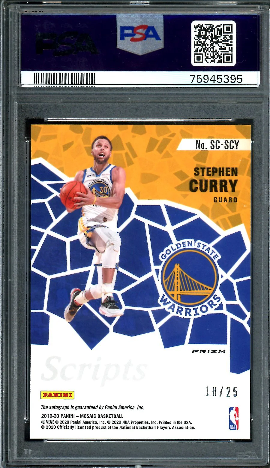 2019/20 Panini Mosaic Stephen Curry Scripts Auto Gold /25 PSA 9/10 Warriors - Image 2