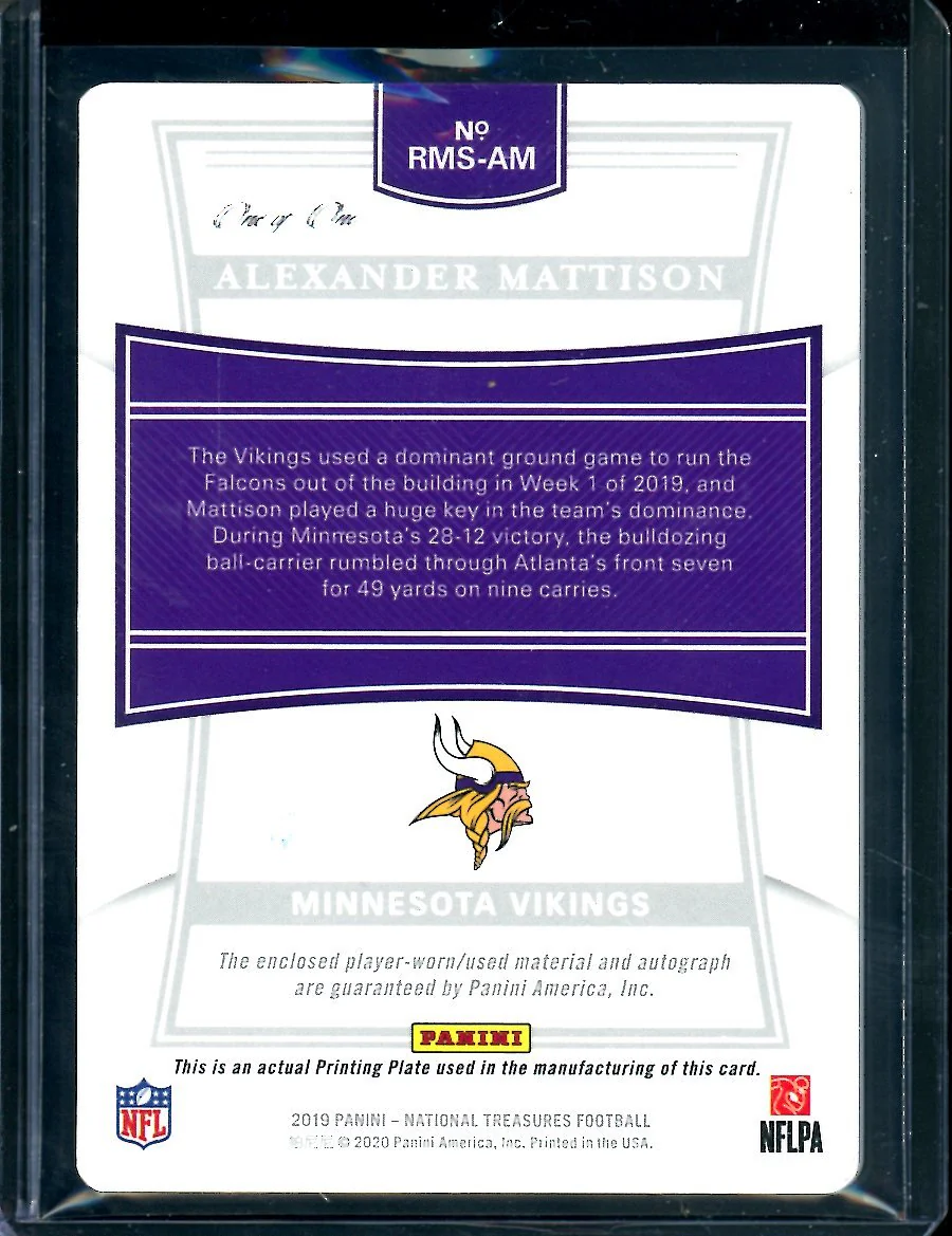 2019 Panini National Treasures Alexander Mattison Rookie Printing Plate RPA 1/1 Vikings - Image 2