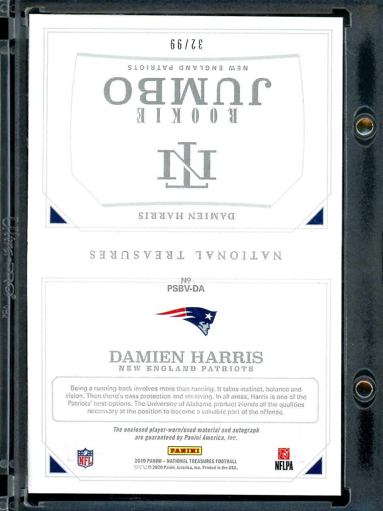 2019 Panini National Treasures Damien Harris Rookie Jumbo Booklet /99 Patriots - Image 2