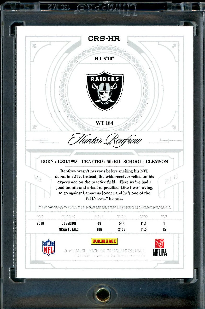 2019 Panini National Treasures Hunter Renfrow Rookie Laundry Tag RPA Red /5 Raiders - Image 2