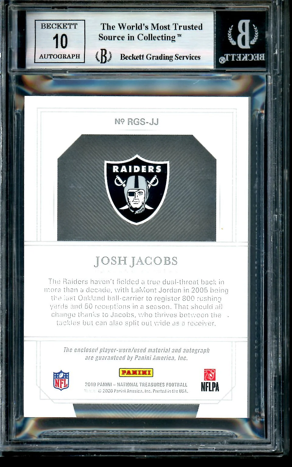 2019 Panini National Treasures Josh Jacobs Rookie Glove RPA /25 BGS 9 Raiders - Image 2
