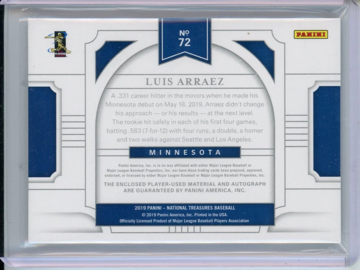 2019 Panini National Treasures Luis Arraez Rookie RPA Gold /49 Twins - Image 2