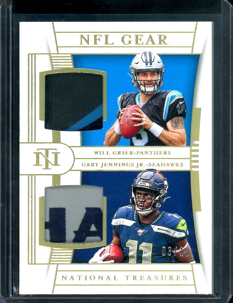 2019 Panini National Treasures Will Grier/Gary Jennings Jr. Rookie NFL Gear Patch Gold /10