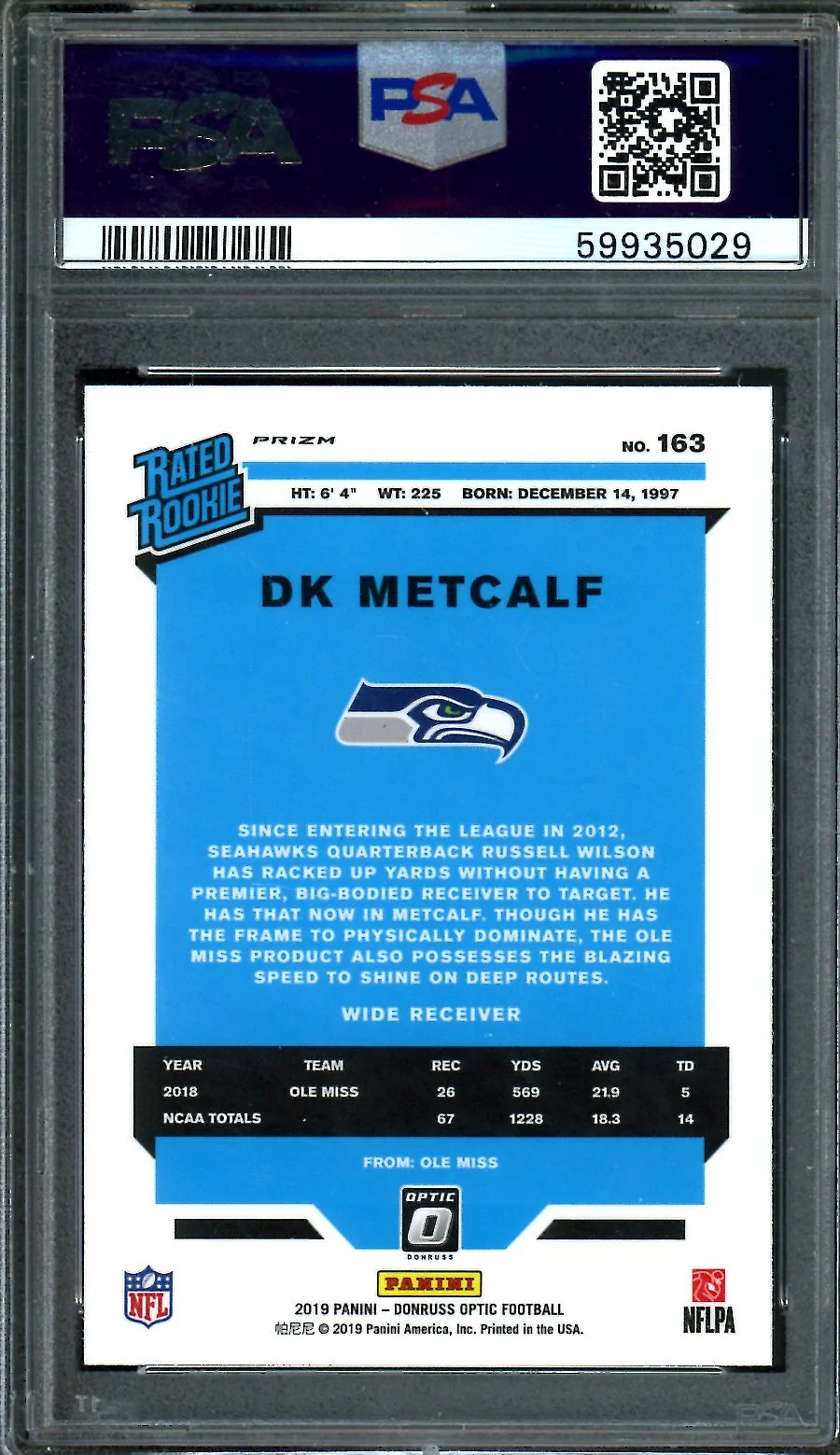 2019 Panini Optic DK Metcalf Rookie Pink PSA 10 Seahawks - Image 2