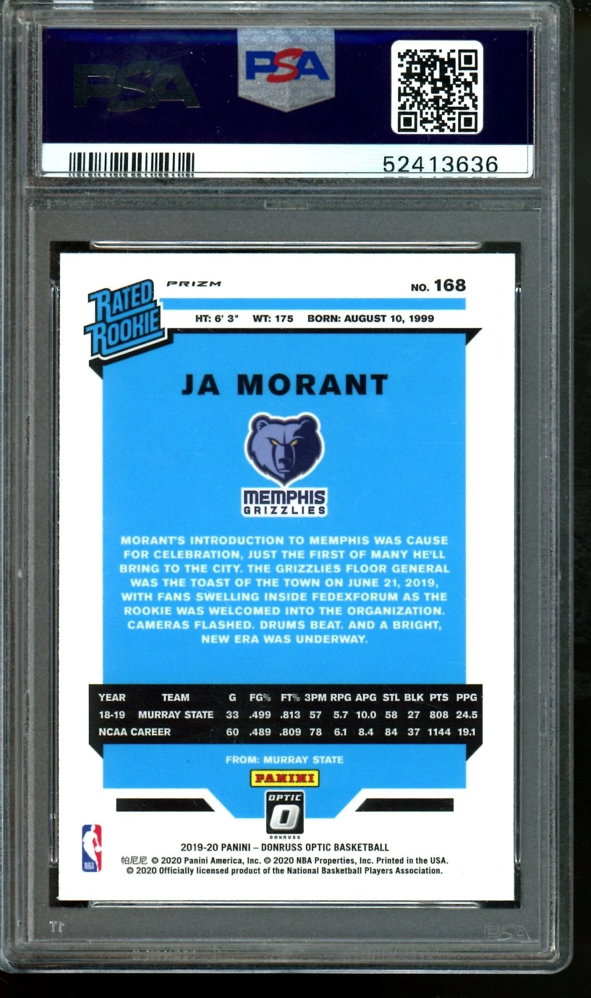 2019 Panini Optic Fanatics Ja Morant Green Wave Rated Rookie PSA 10 Grizzlies / Trailblazers - Image 2