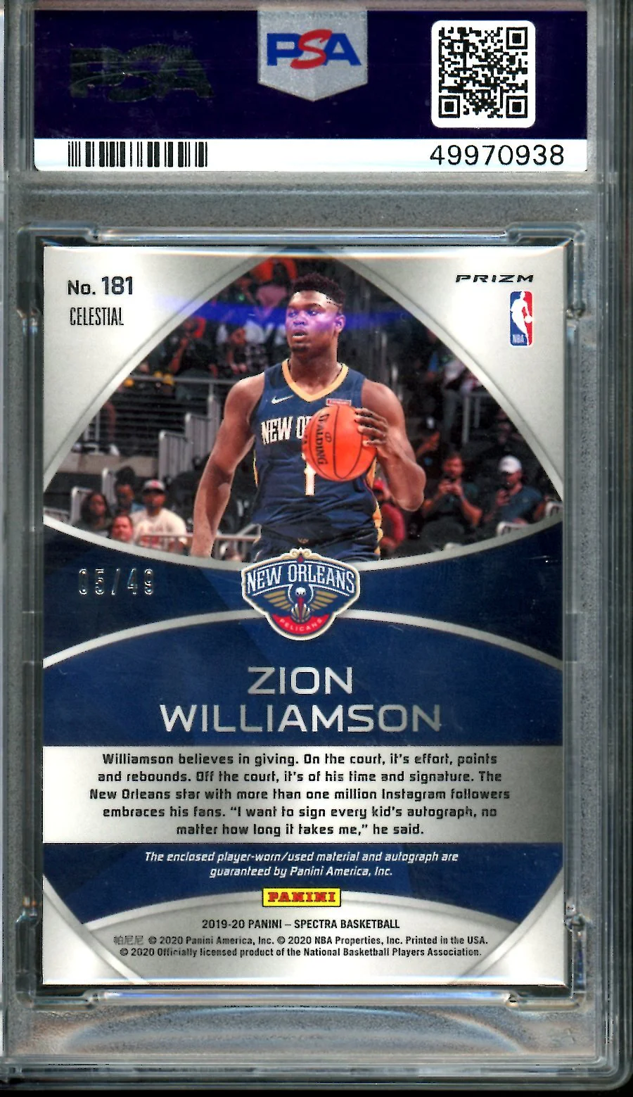 2019/20 Panini Spectra Zion Williamson Rookie RPA /49 PSA 9 Pelicans - Image 2