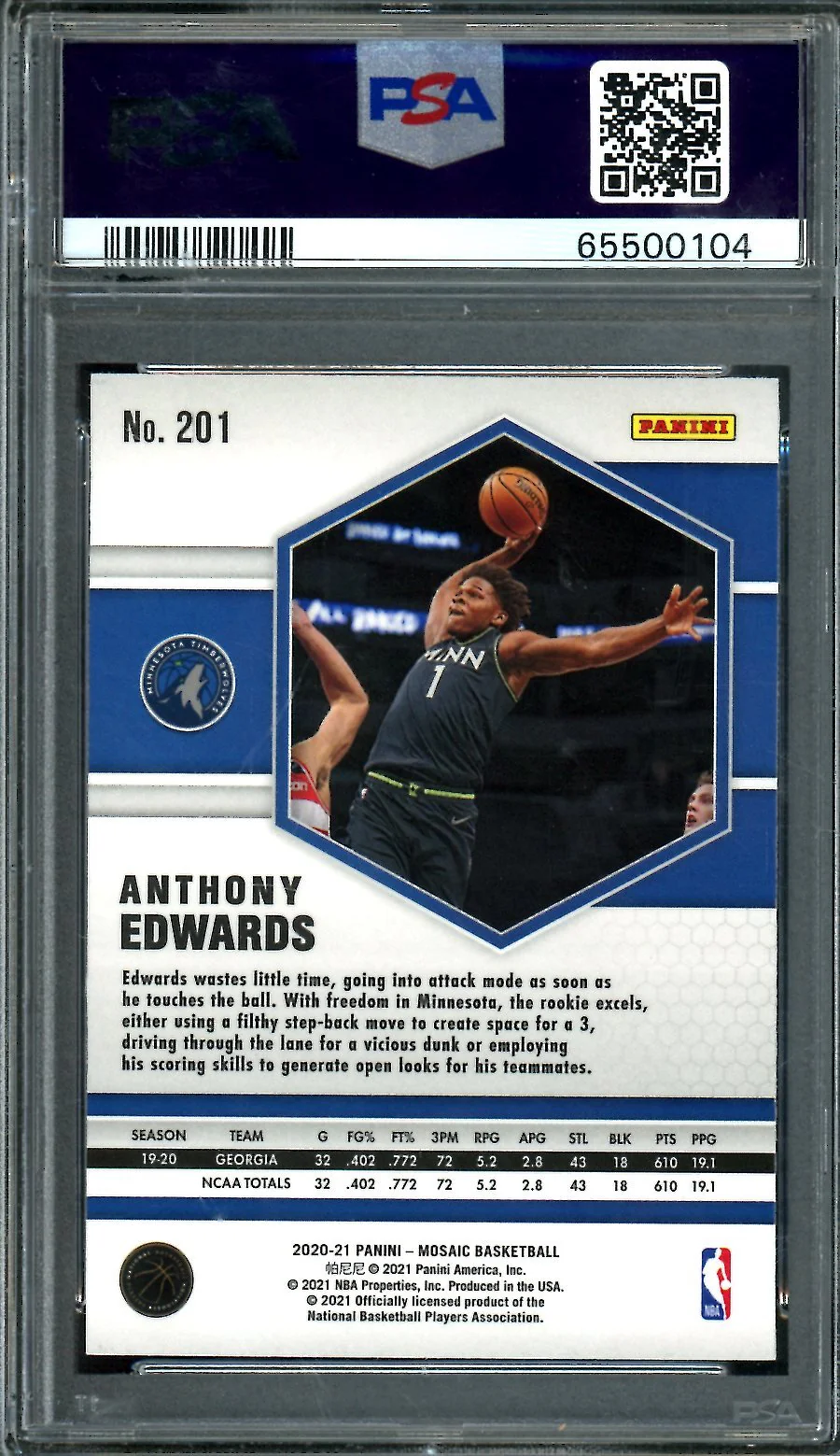 2020-21 Panini Mosaic Anthony Edwards Rookie PSA 9 Timberwolves - Image 2