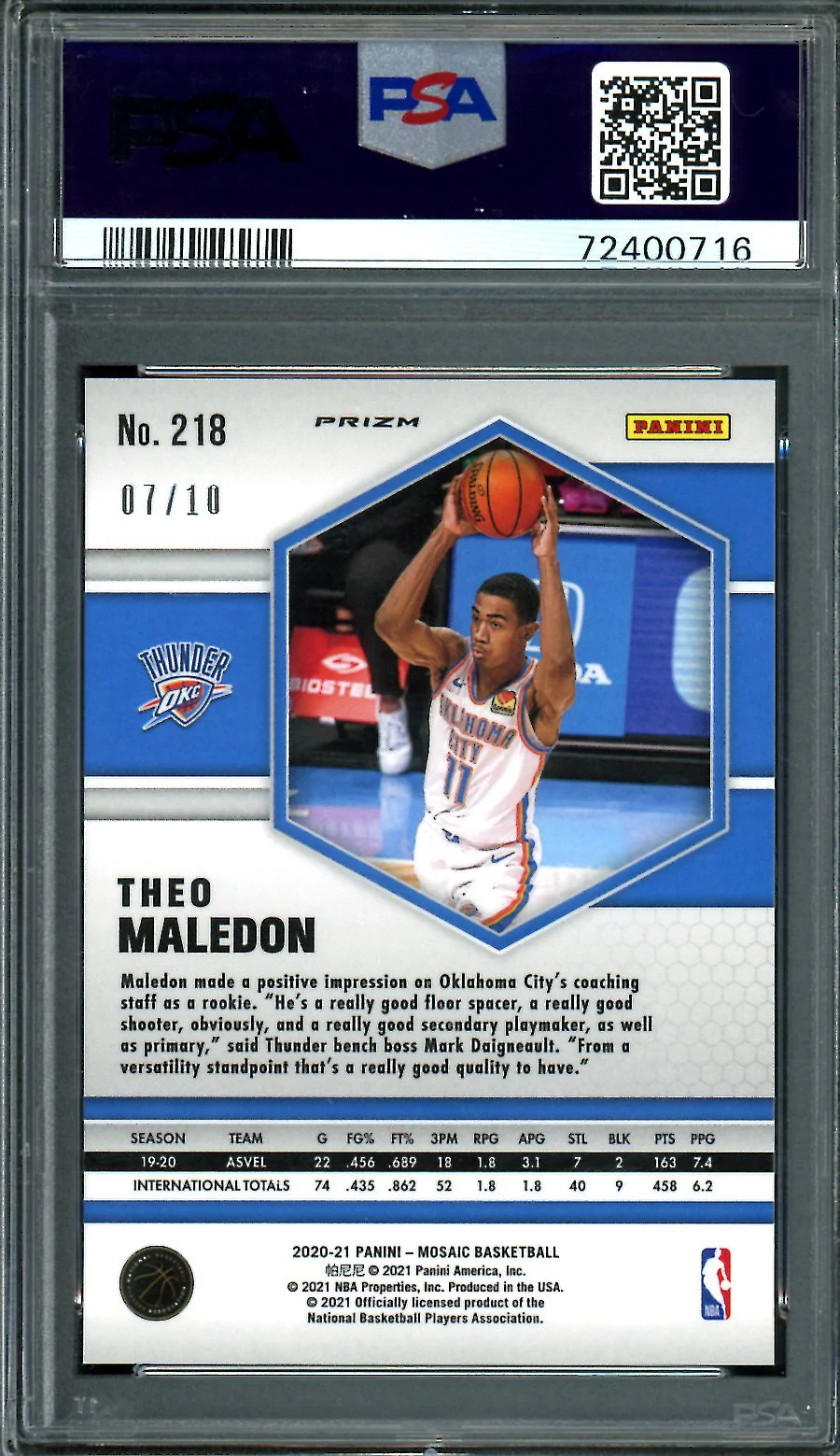 2020/21 Panini Mosaic Theo Maledon Rookie Gold Mosaic Thunder PSA 10 - Image 2