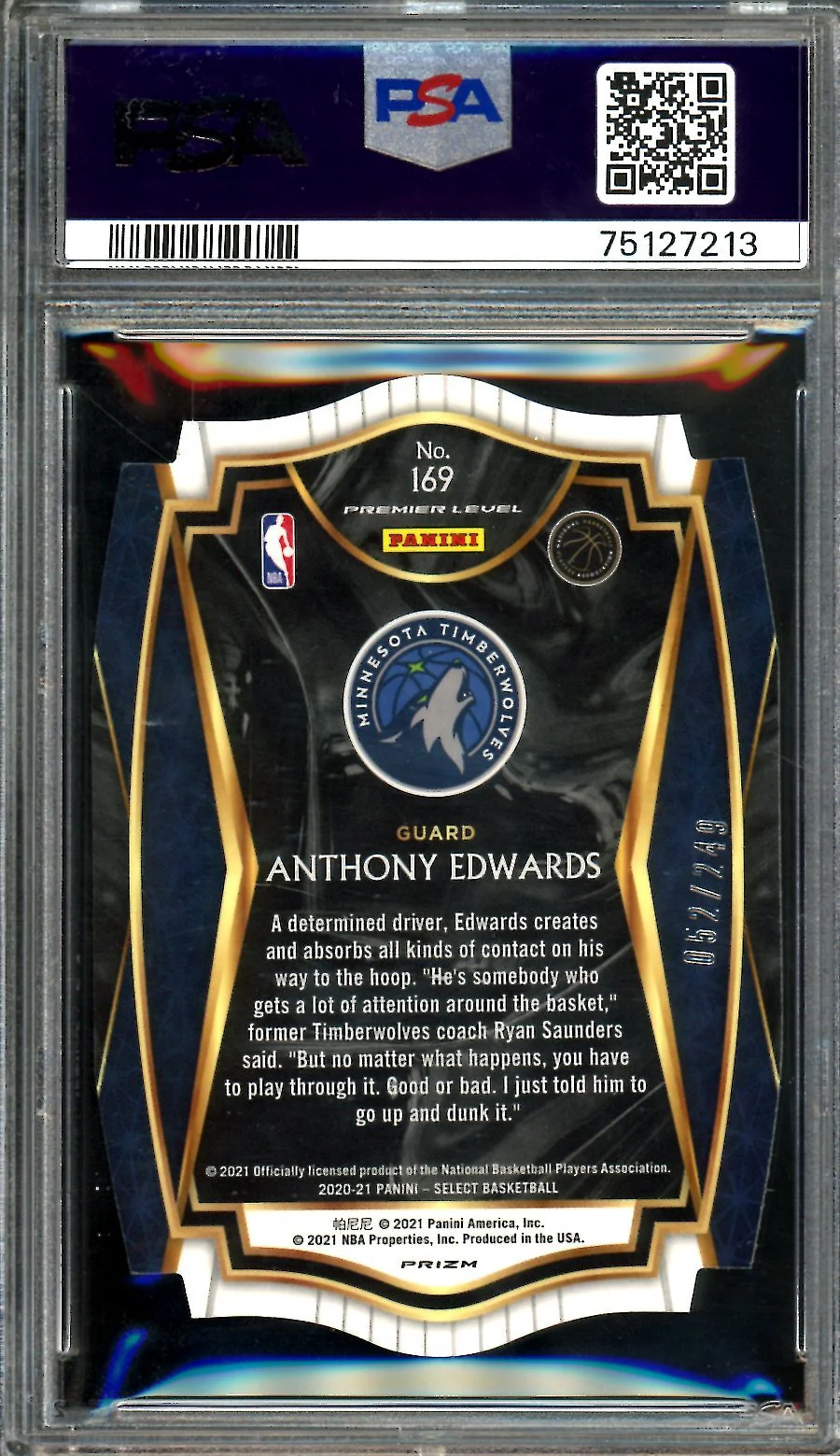 2020/21 Panini Select Anthony Edwards Rookie Blue Die Cut /249 PSA 9 Timberwolves - Image 2