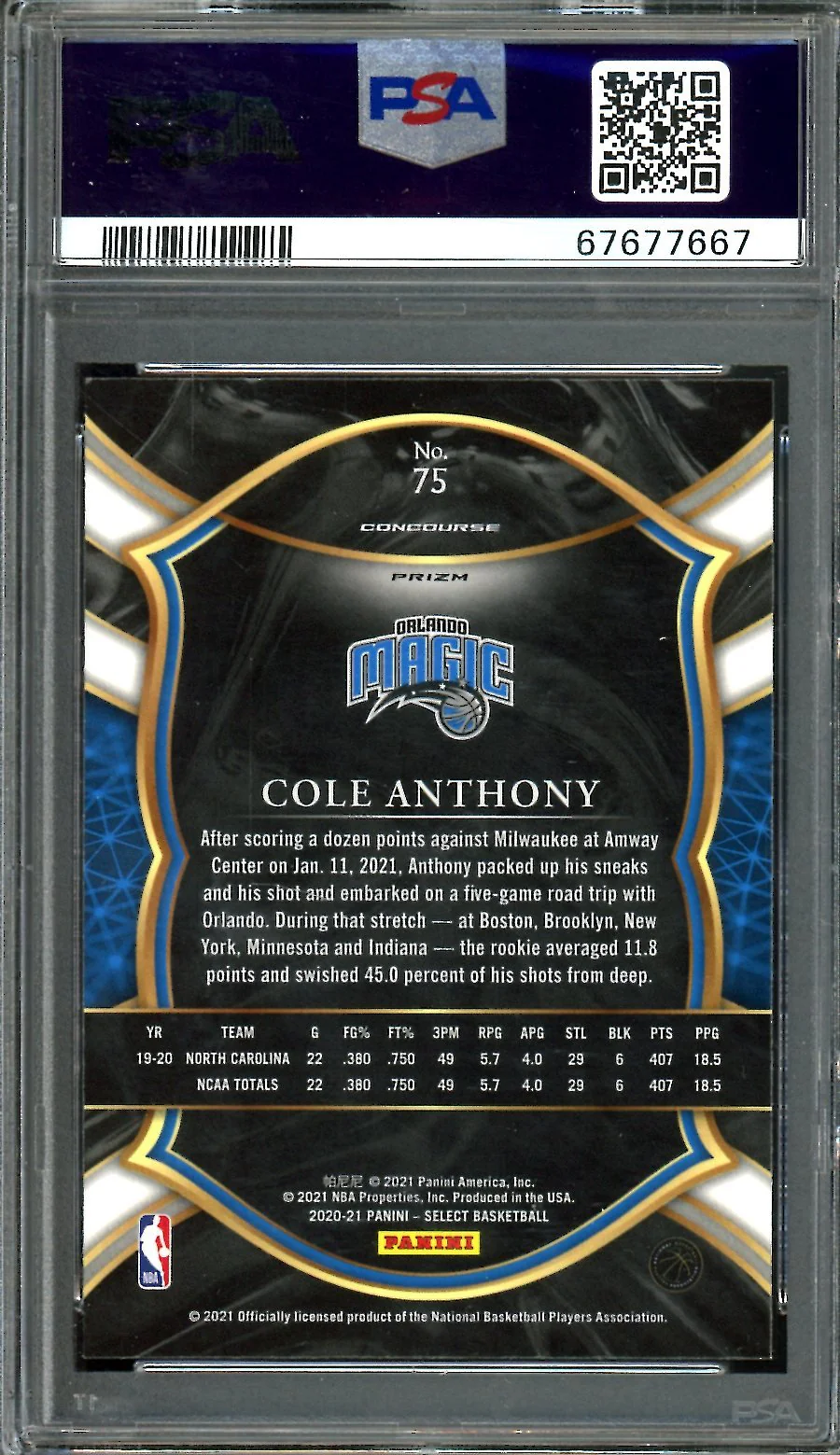 2020-21 Panini Select Cole Anthony Rookie Elephant SSP PSA 10 Magic - Image 2