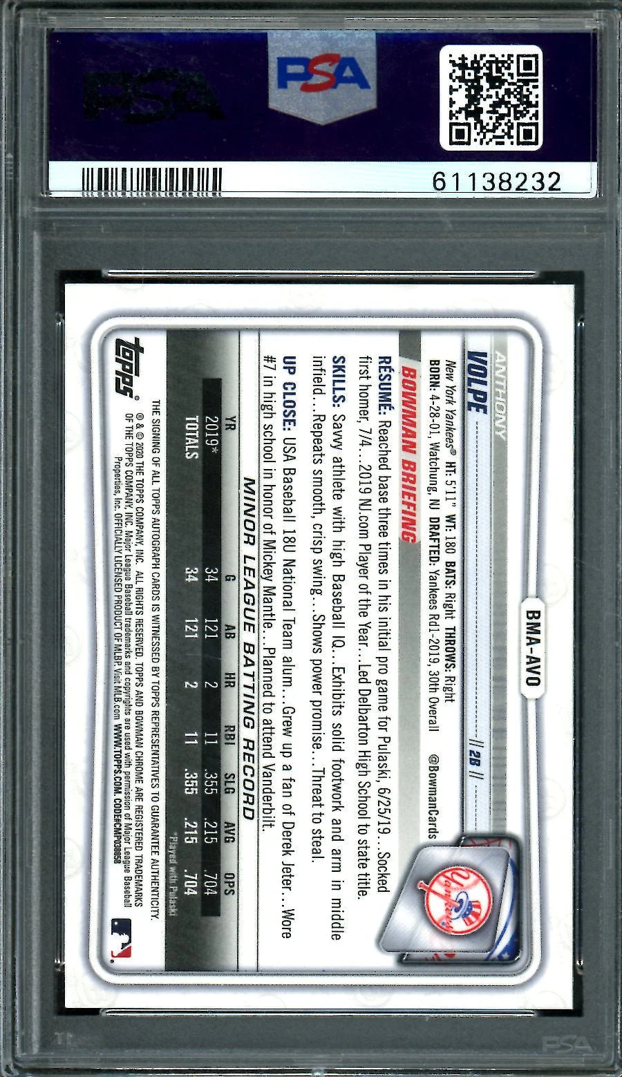 2020 Bowman Chrome Anthony Volpe Mega Box Variation Auto PSA 10 Yankees - Image 2