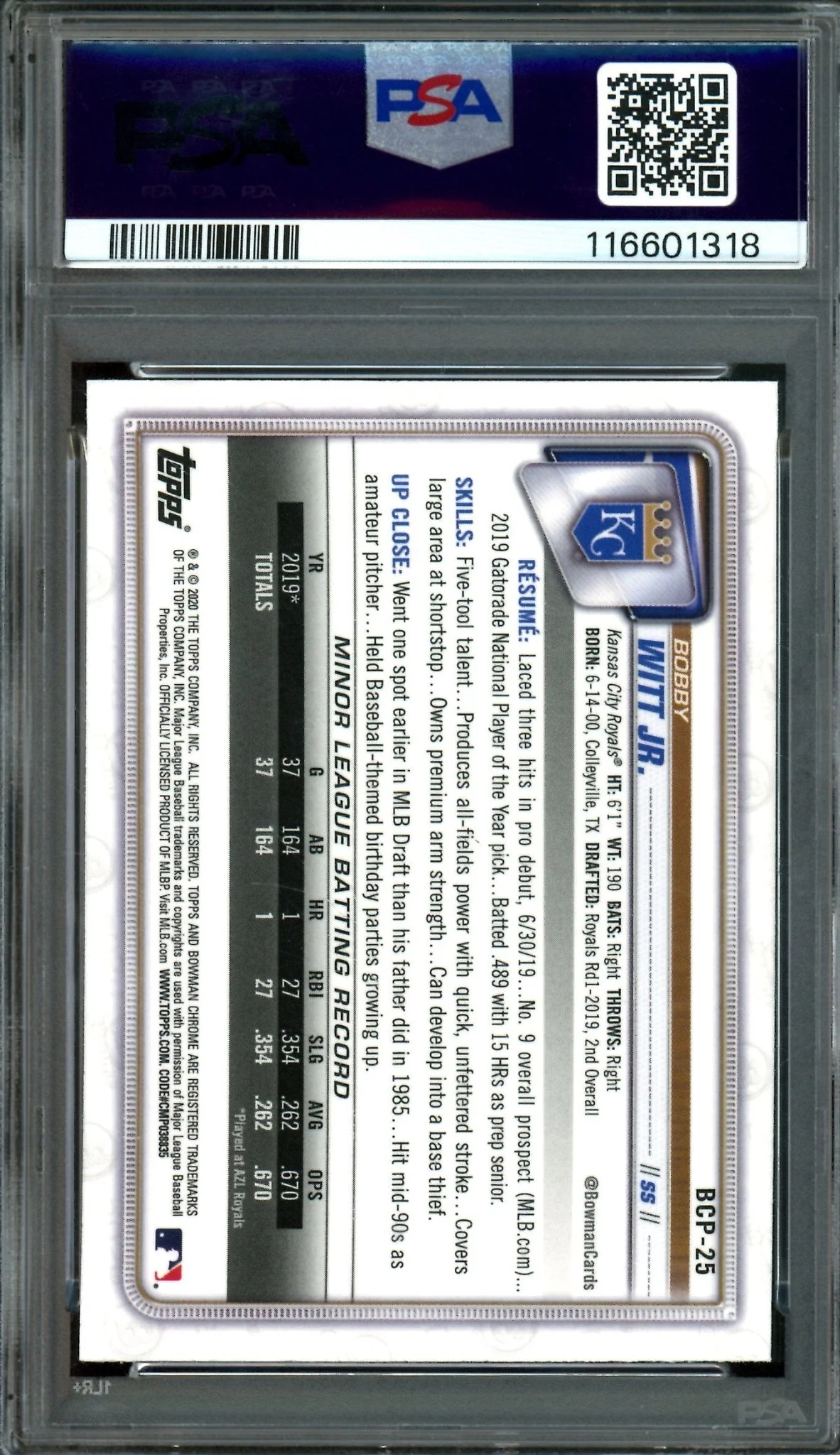 2020 Bowman Chrome Bobby Witt Jr 1st Mojo PSA 9 Royals - Image 2