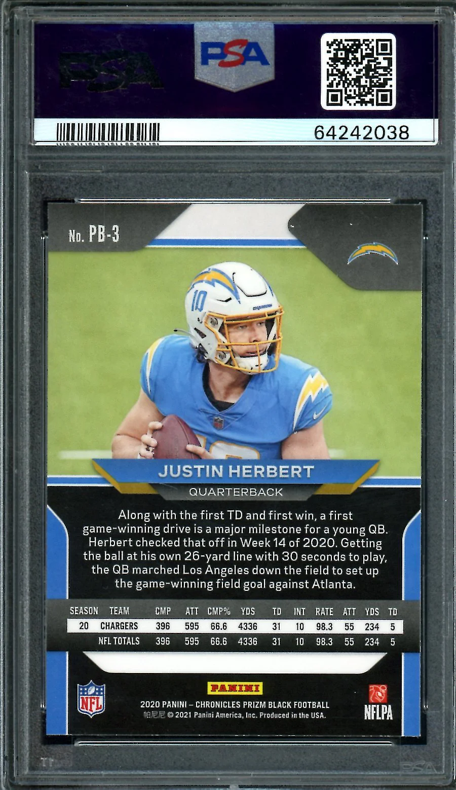 2020 Panini Chronicles Prizm Black Justin Herbert Rookie PSA 10 Chargers - Image 2