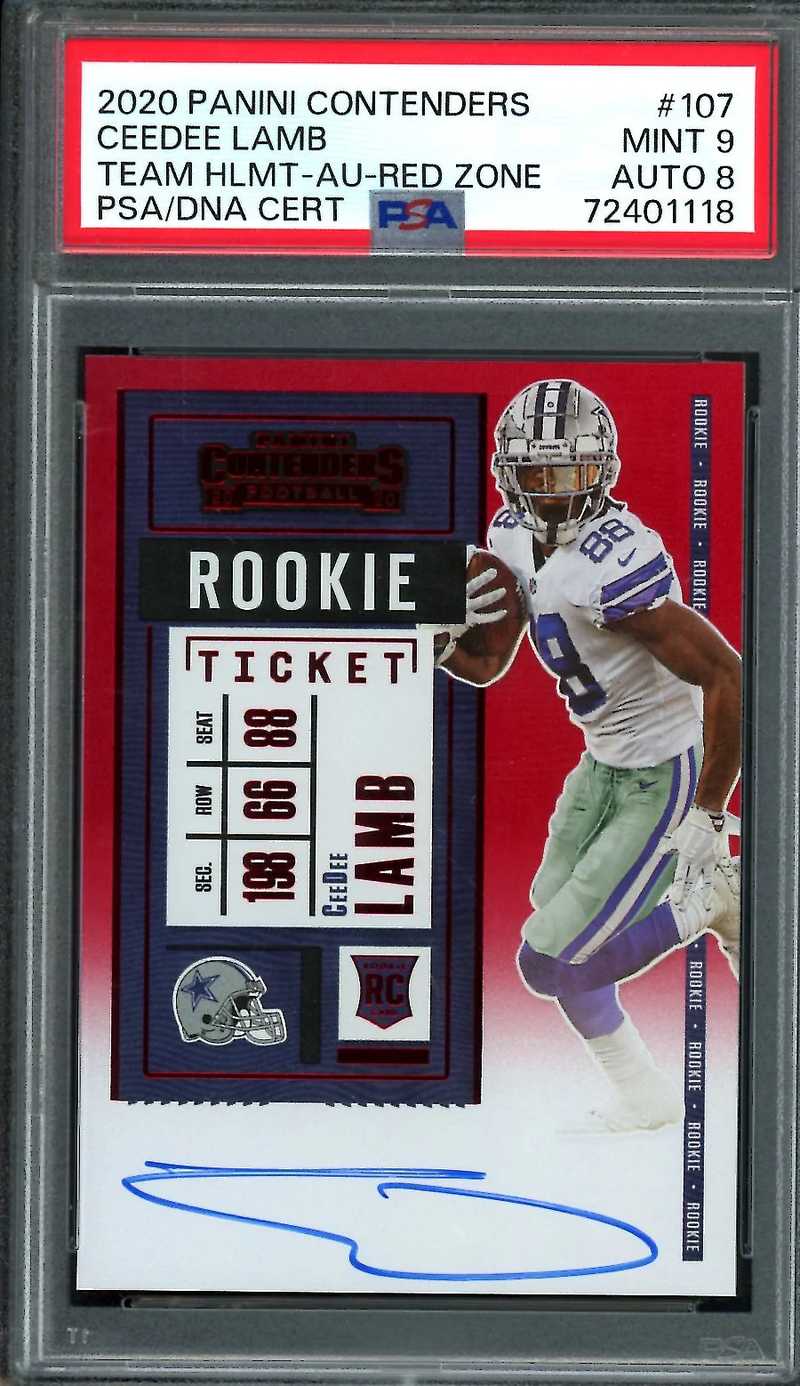 2020 Panini Contenders CeeDee Lamb Rookie Auto Vatiation FOTL Red PSA 9 Cowboys