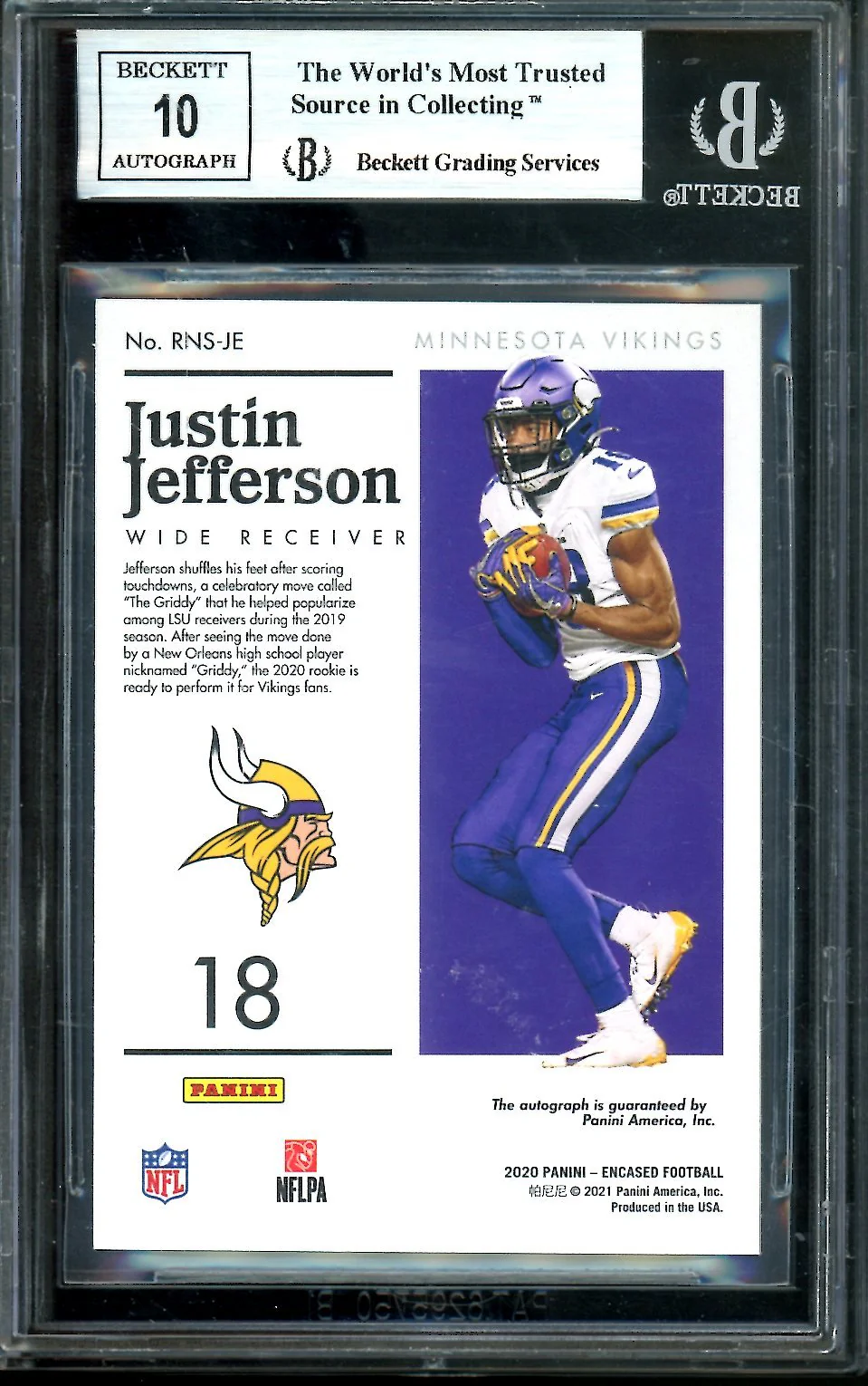 2020 Panini Encased Justin Jefferson Rookie Notable Signatures Auto /50 BGS 9 Vikings - Image 2