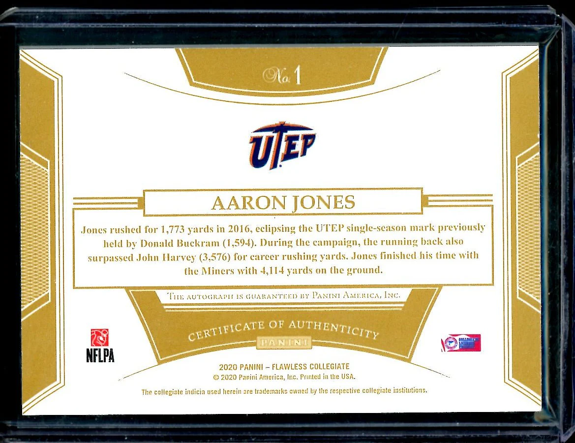 2020 Panini Flawless Collegiate Aaron Jones Team Slogan Signatures Gold /10 Utep - Image 2
