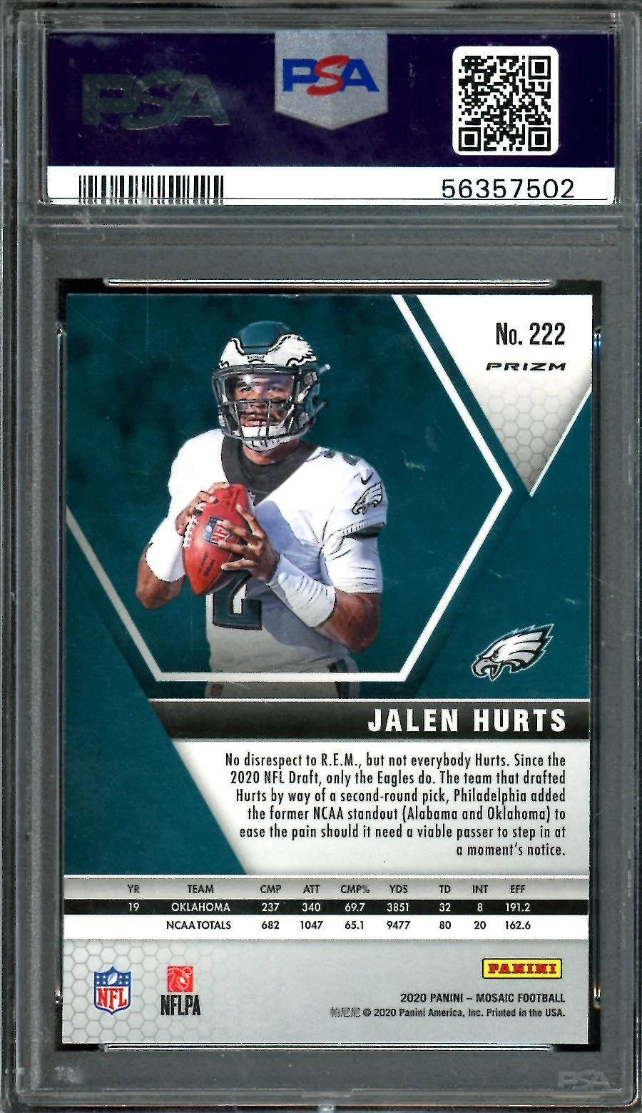 2020 Panini Mosaic Jalen Hurts Rookie Camo Pink PSA 10 Eagles - Image 2
