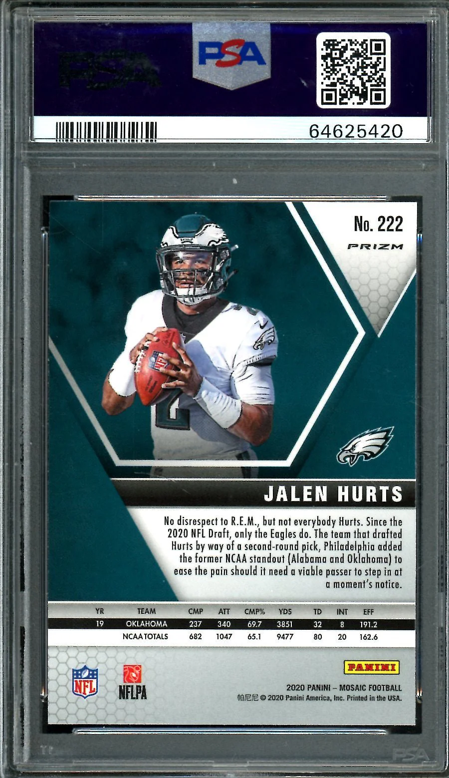 2020 Panini Mosaic Jalen Hurts Rookie Pink Camo PSA 10 Eagles - Image 2