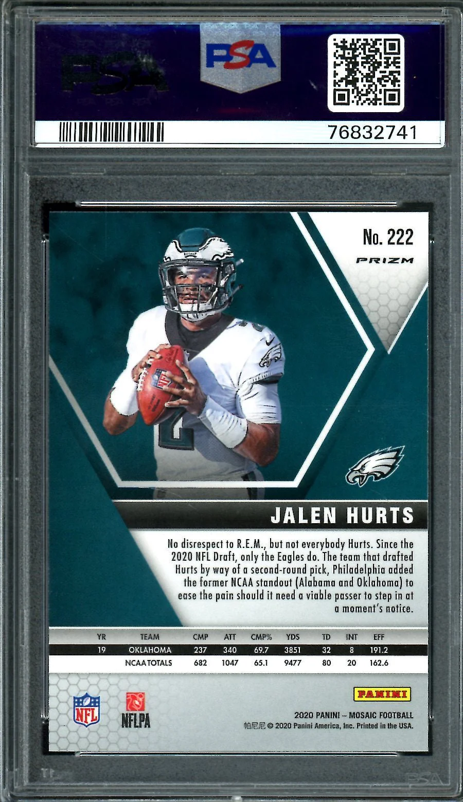 2020 Panini Mosaic Jalen Hurts Rookie Pink Camo PSA 9 Eagles - Image 2