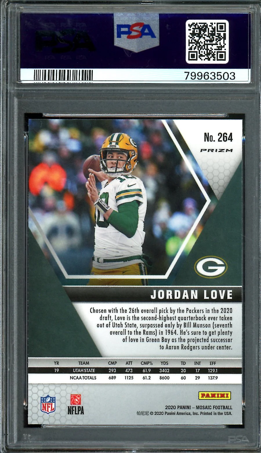 2020 Panini Mosaic Jordan Love Rookie NFL Debut Reactive Gold PSA 10 Packers - Image 2