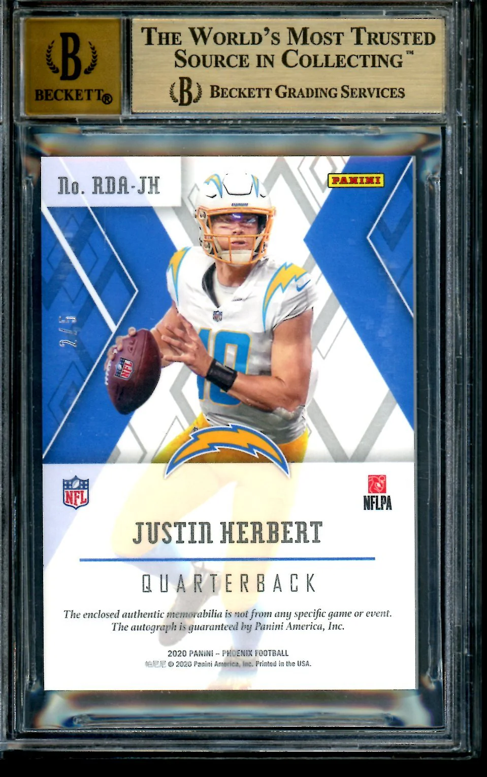 2020 Panini Phoenix Justin Herbert Rookie Auto RPA Green /5 BGS 9.5 Chargers - Image 2