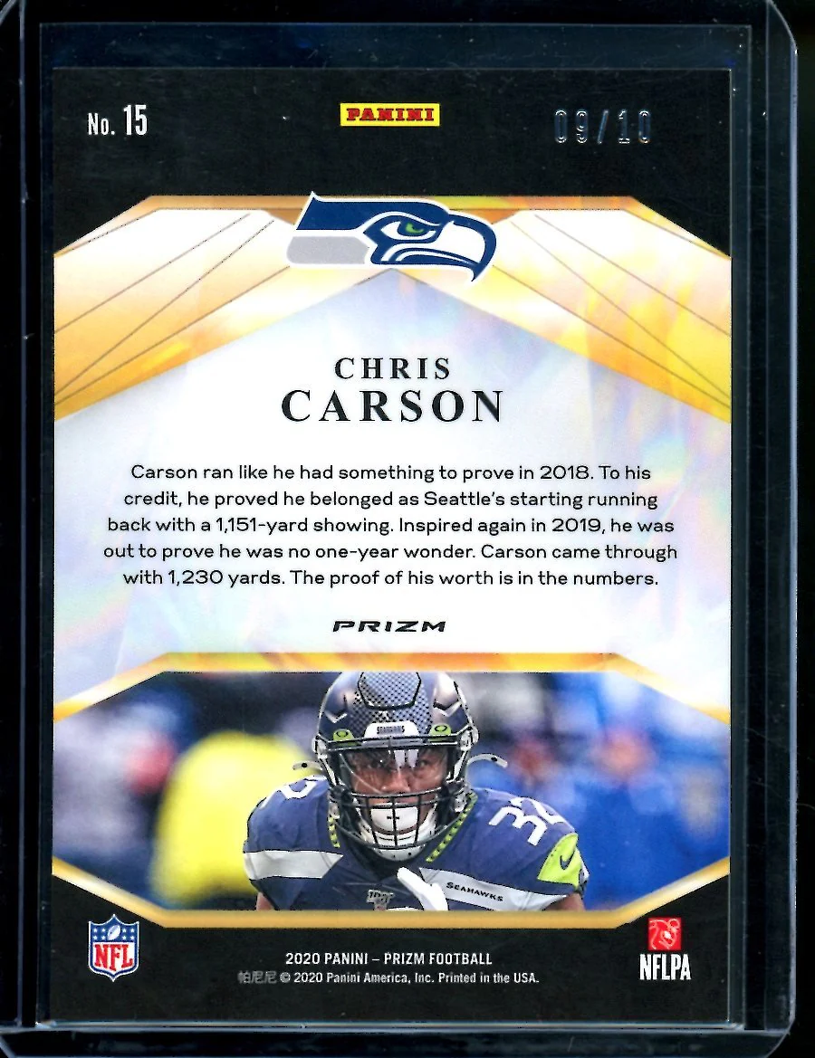 2020 Panini Prizm Chris Carson Brillance Gold /10 Seahawks - Image 2