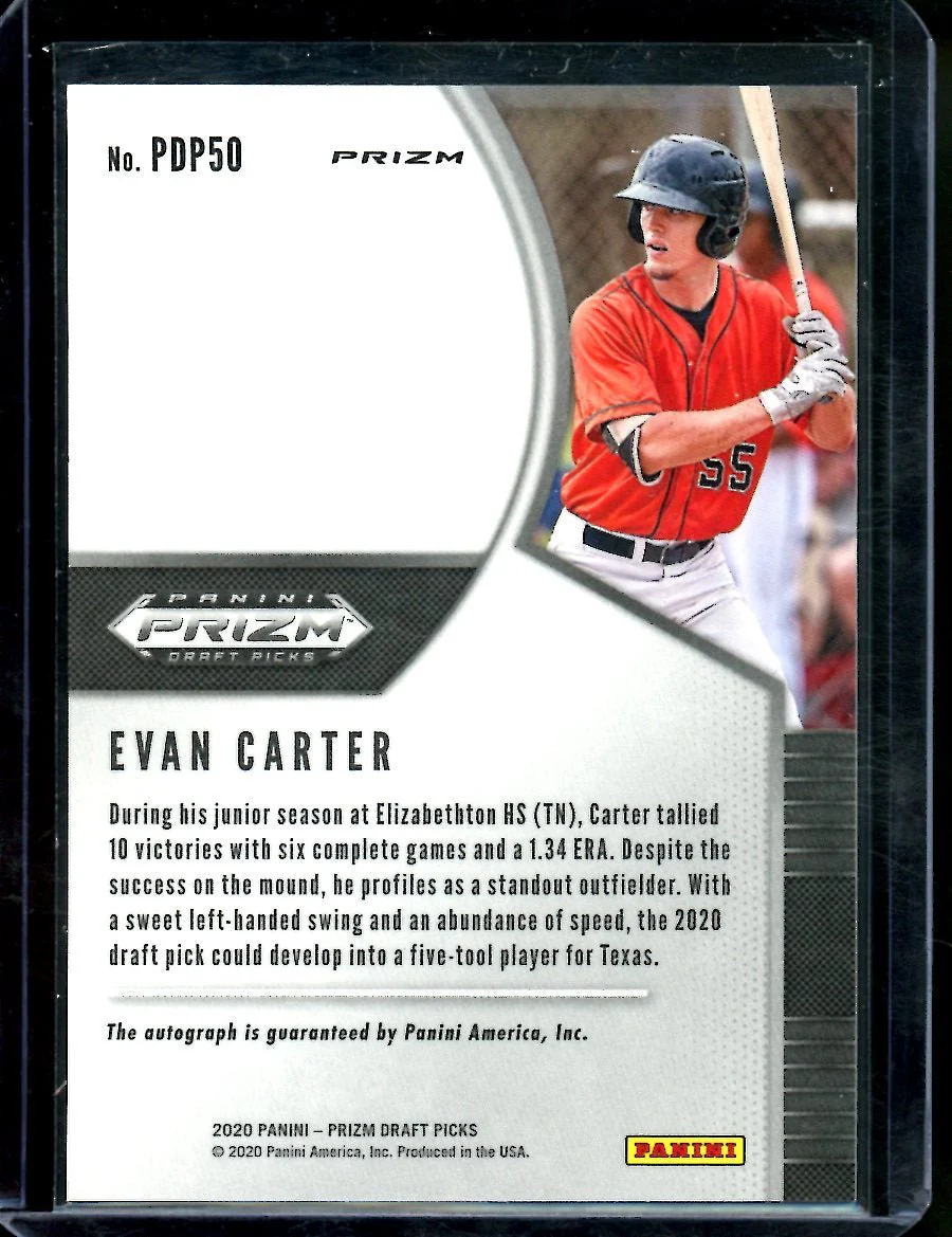 2020 Panini Prizm Evan Carter Green Yellow Hyper Auto Rangers - Image 2