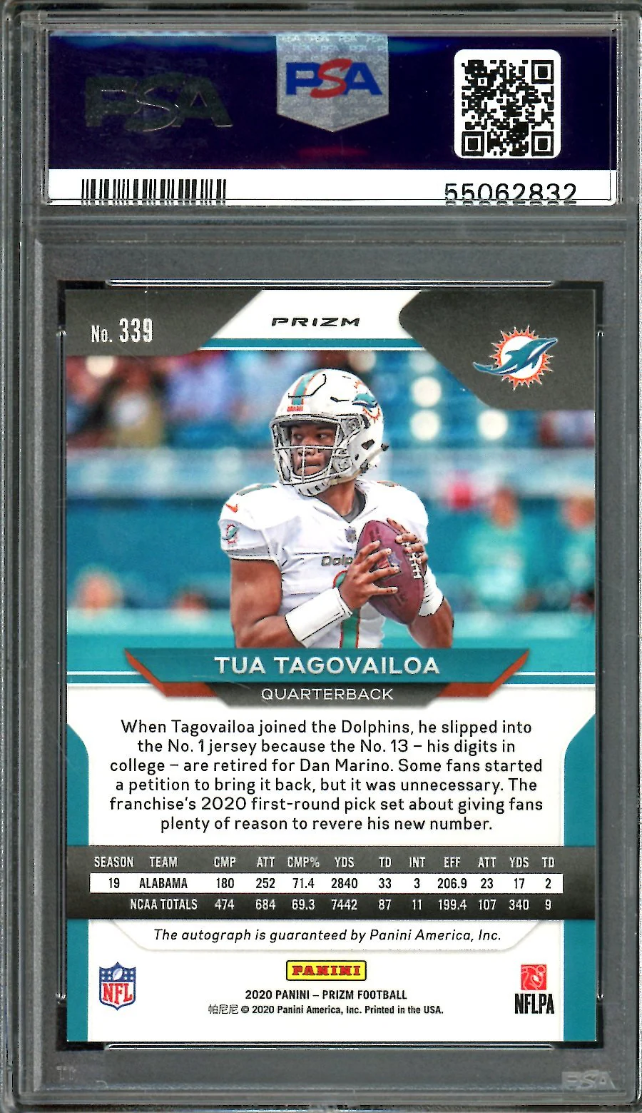 2020 Panini Prizm Tua Tagovailoa Rookie Auto Green Pulsar PSA 9 Dolphins - Image 2