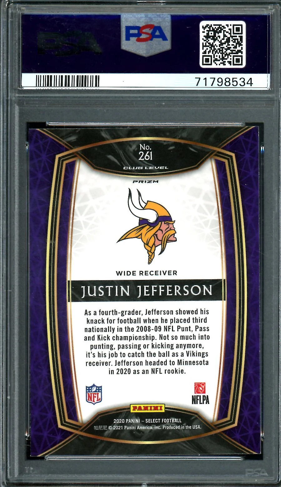 2020 Panini Select Justin Jefferson Rookie Silver PSA 10 - Image 2