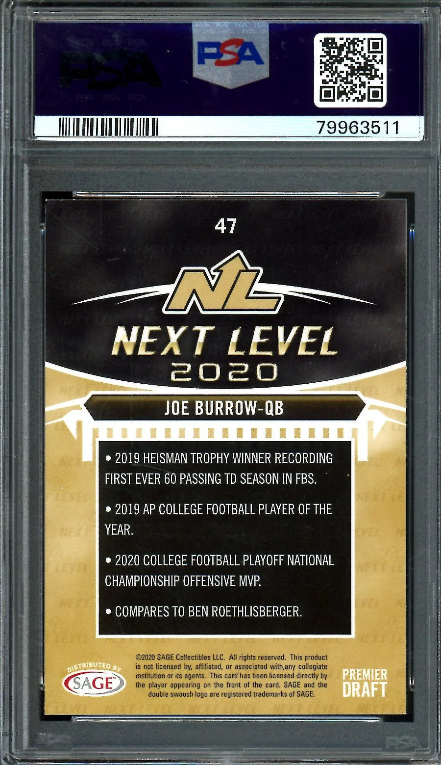 2020 Sage Hit Joe Burrow Rookie Silver PSA 9 Bengals - Image 2