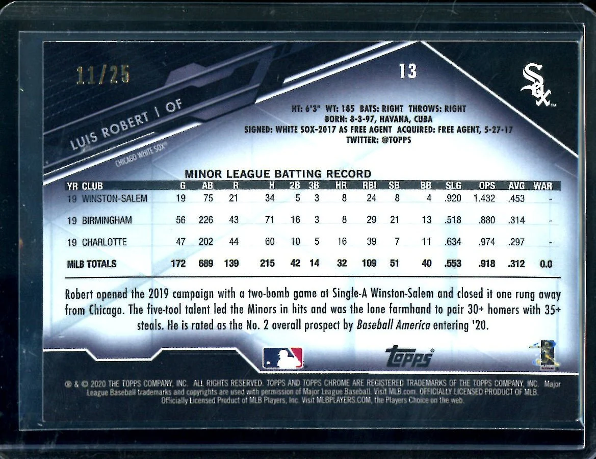 2020 Topps Chrome Black Luis Robert Rookie Orange /25 White Sox - Image 2