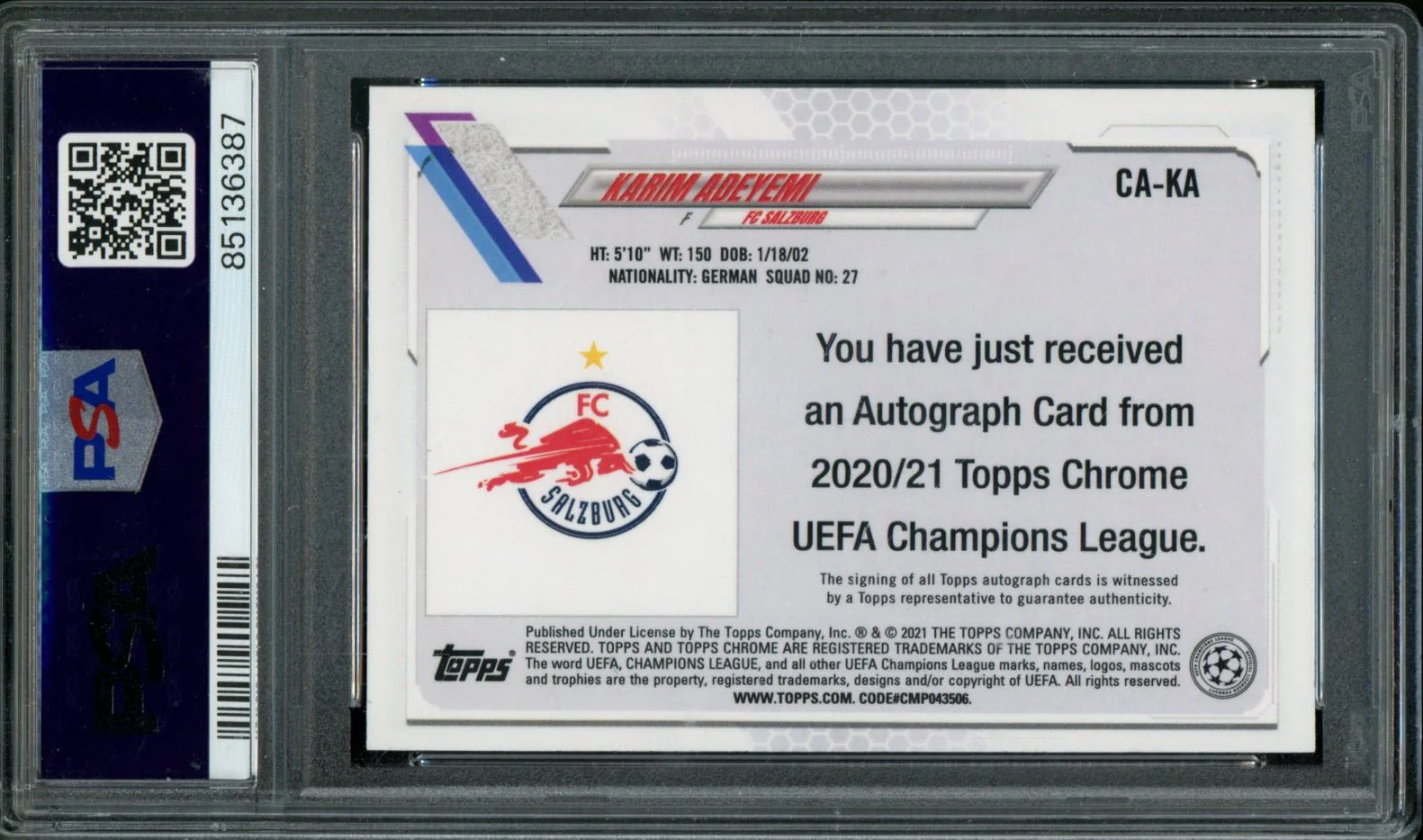 2020 Topps Chrome Karim Adeyemi Rookie Auto Orange Bubbles PSA 9 Salzburg FC - Image 2