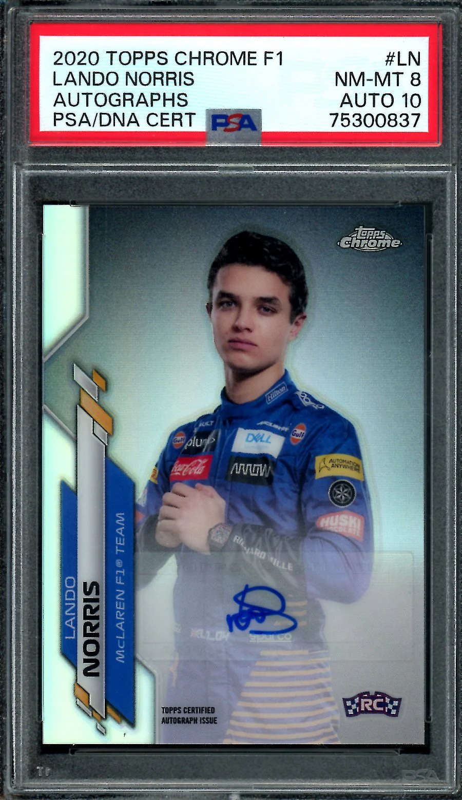2020 Topps Chrome Lando Norris Rookie Auto /74 PSA 8-10 Auto McLaren
