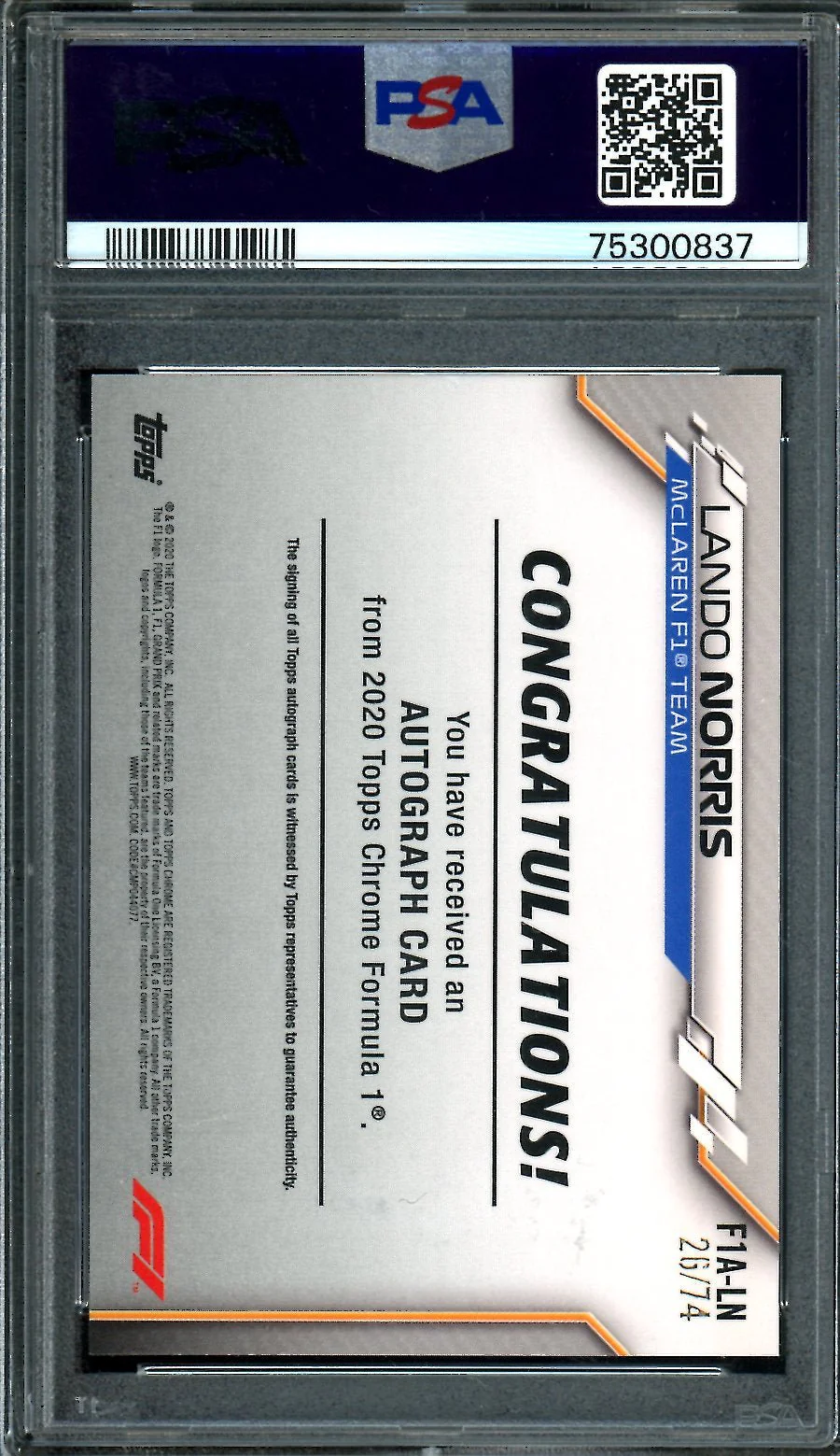 2020 Topps Chrome Lando Norris Rookie Auto /74 PSA 8-10 Auto McLaren - Image 2
