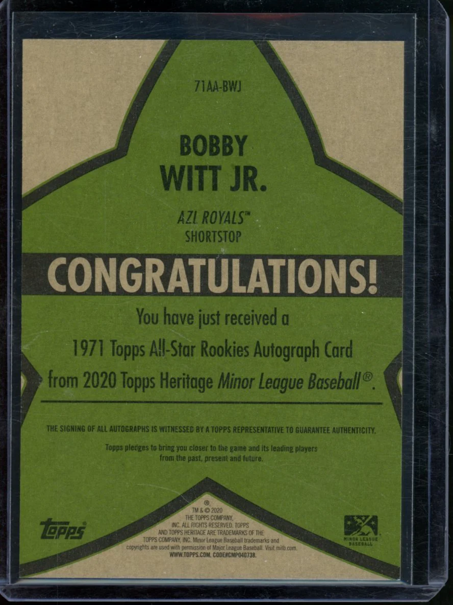 2020 Topps Heritage Minor league Bobby Witt Jr. 1971 All-Star Rookie Auto /50 Royals - Image 2