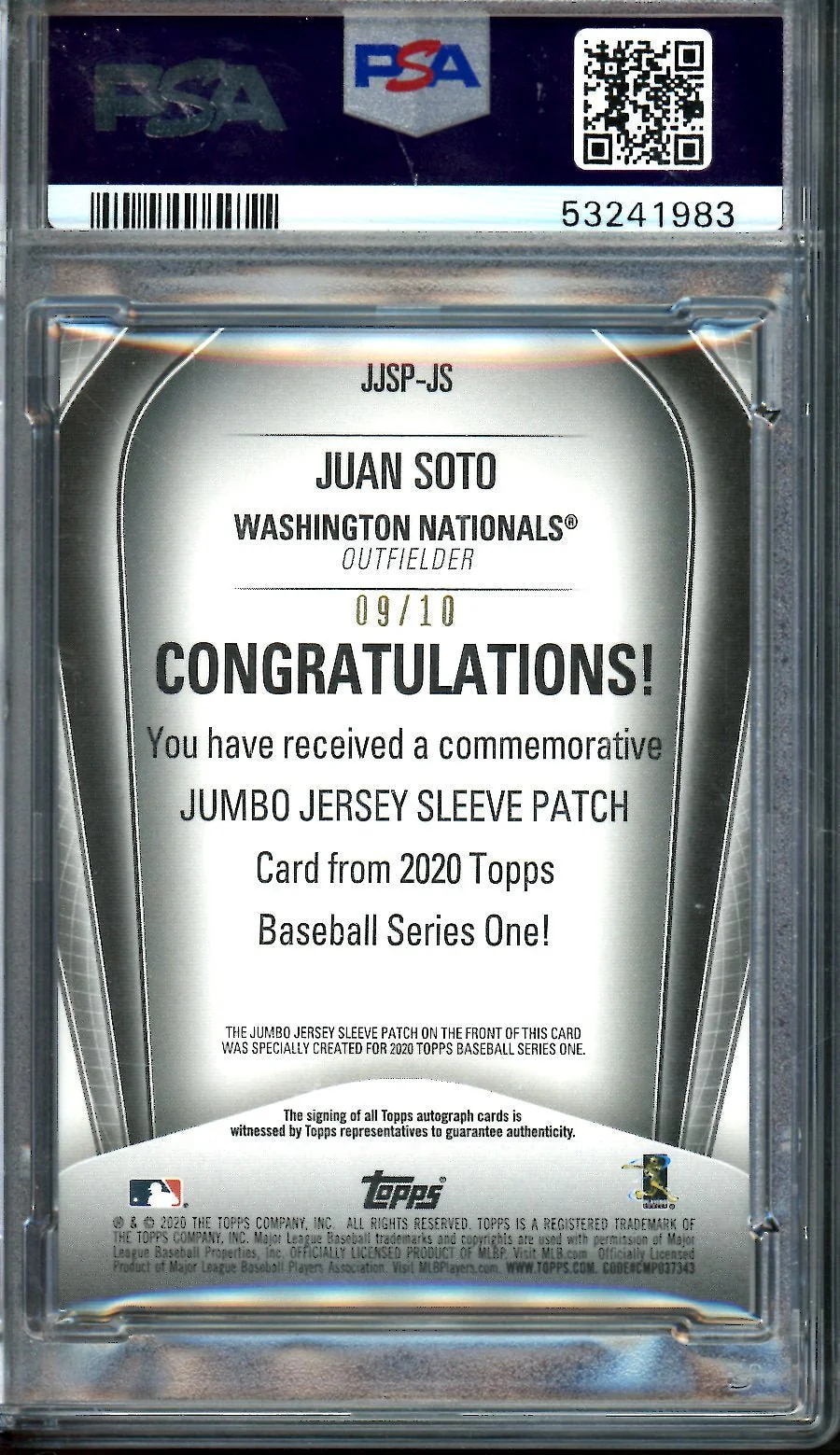 2020 Topps Series 1 Juan Soto Jumbo Jersey Sleve Patch Autograph /10 PSA 8 Nationals - Image 2