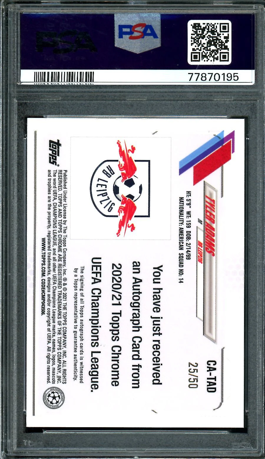 2020 Topps Topps Chrome UEFA Tyler Adams Auto Gold /50 PSA 9 RB Leipzig - Image 2