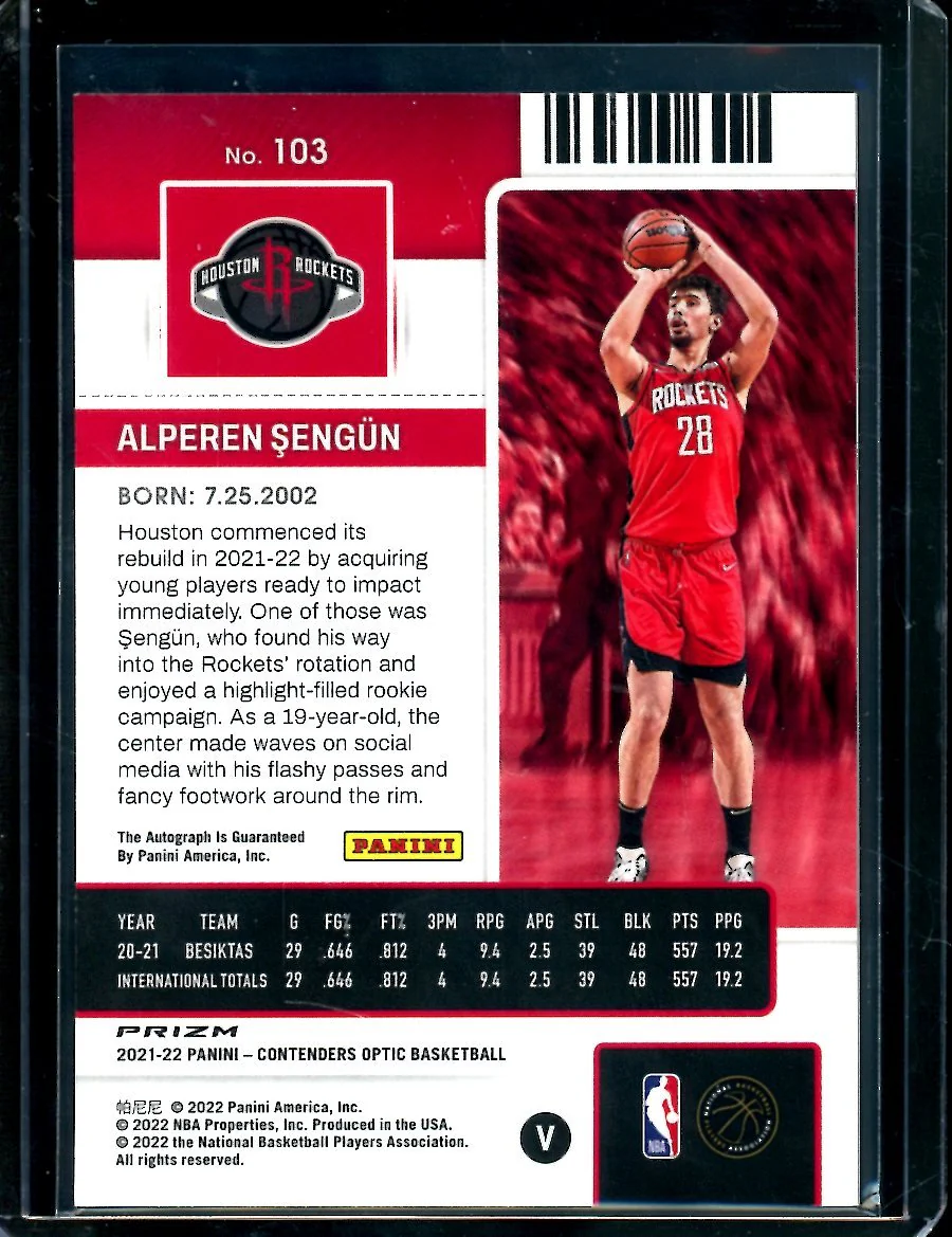 2021/22 Panini Contenders Optic Alperen Sengun Rookie Ticket Silver Autograph Rockets - Image 2