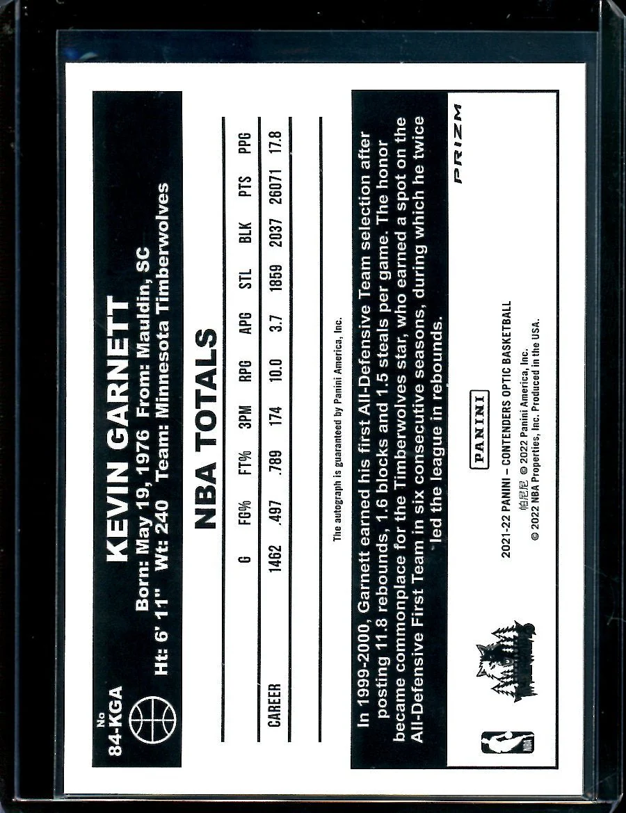 2021/22 Panini Contenders Optic Kevin Garnett Throwback Autograph Timberwolves - Image 2