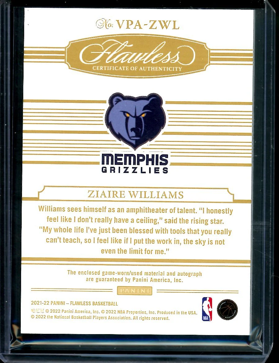 2021/22 Panini Flawless Ziare Williams Rookie Auto RPA /15 Grizzlies - Image 2