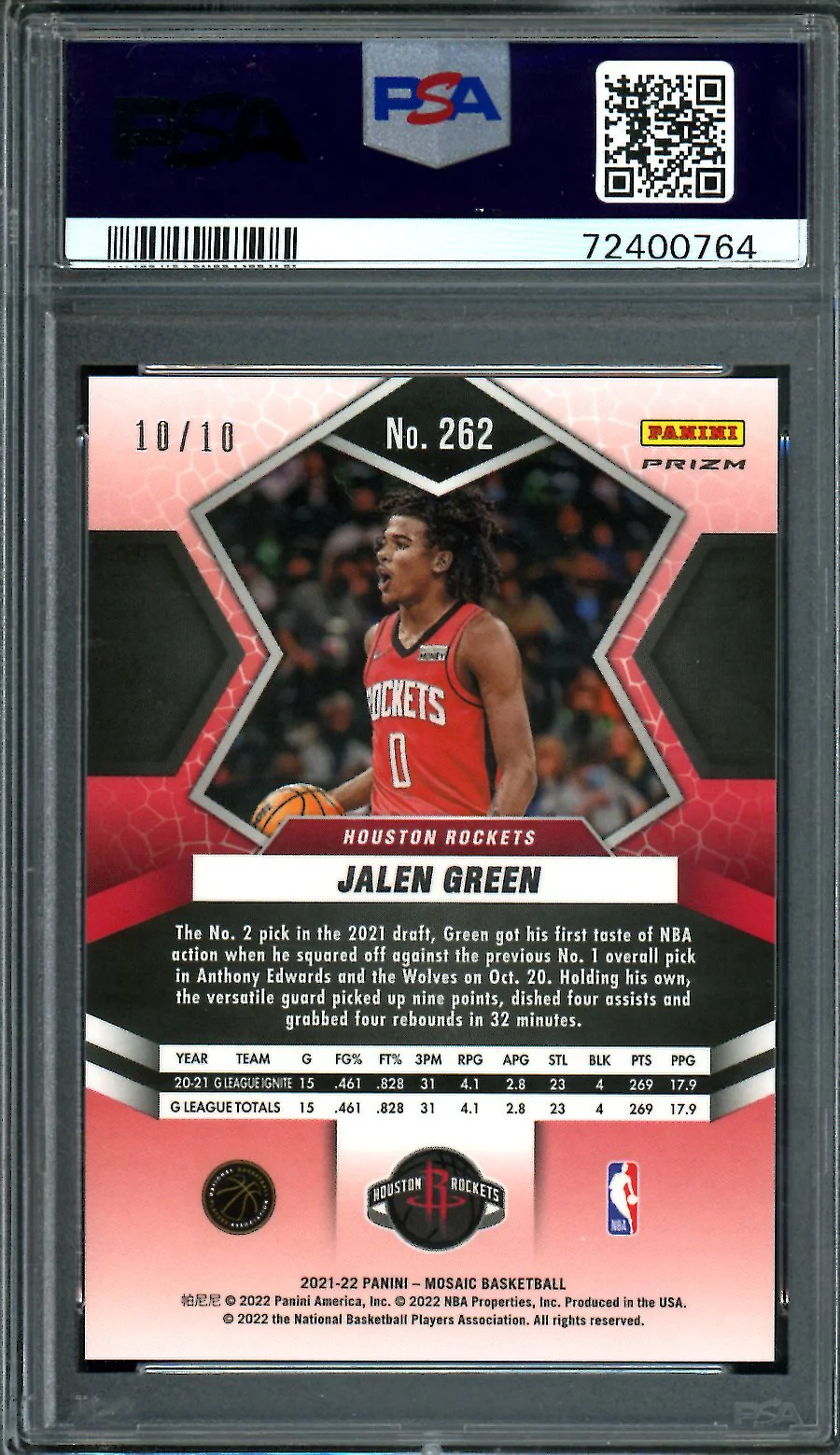 2021/22 Panini Mosaic Jalen Green Rookie Green Swirl /10 Rockets PSA 9 - Image 2