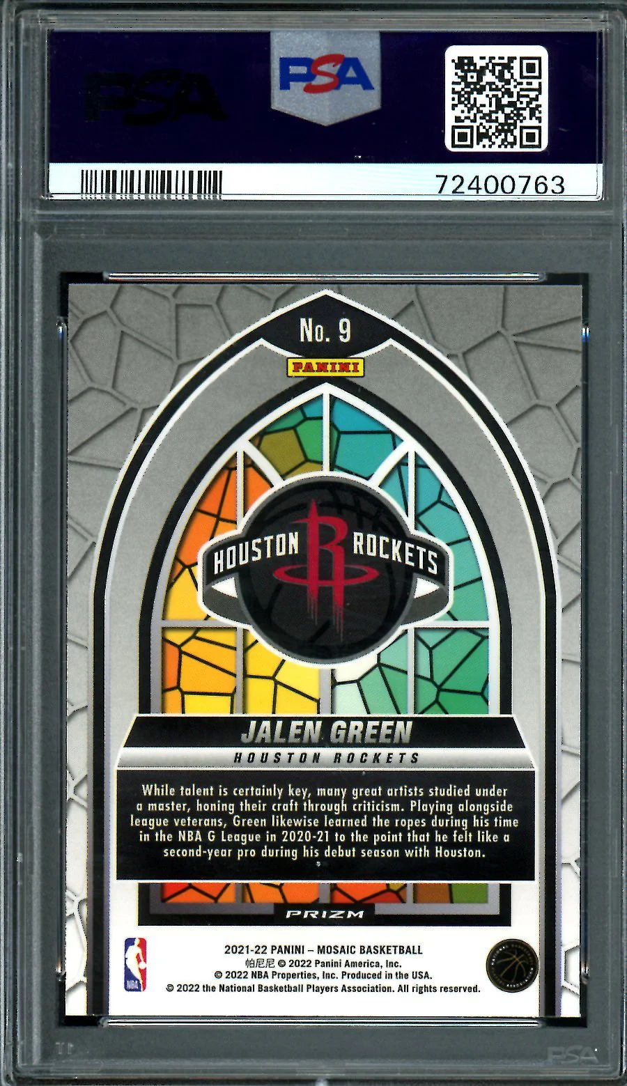 2021/22 Panini Mosaic Jalen Green Rookie Stained Glass SSP Rockets PSA 10 - Image 2